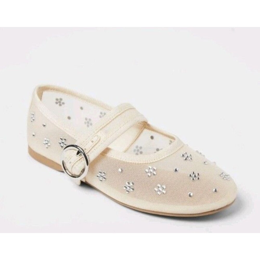 Art Class Kid's Quilla Mesh Ballet Flats Ivory Pull On Rhinestone Shoes Size 3